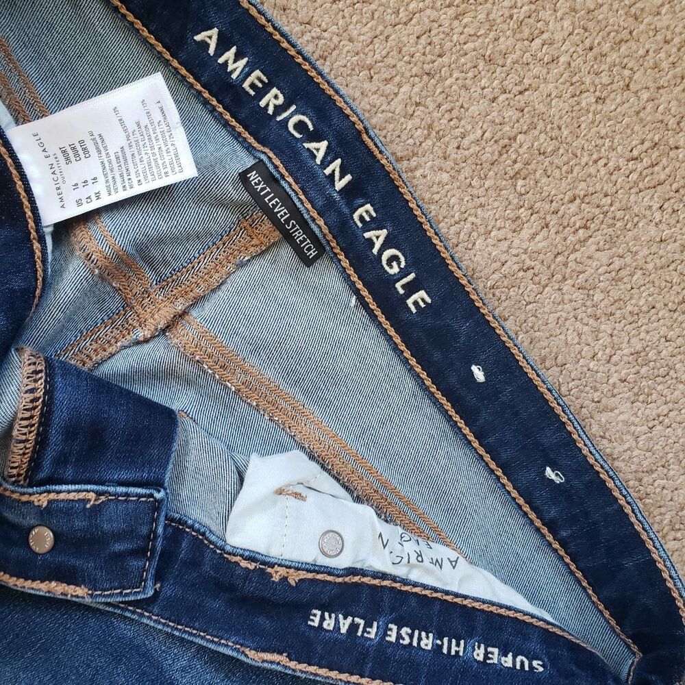 American Eagle Super Stretch High Rise Flare Jeans Ripped Distressed S 16 Short - Picture 3 of 11